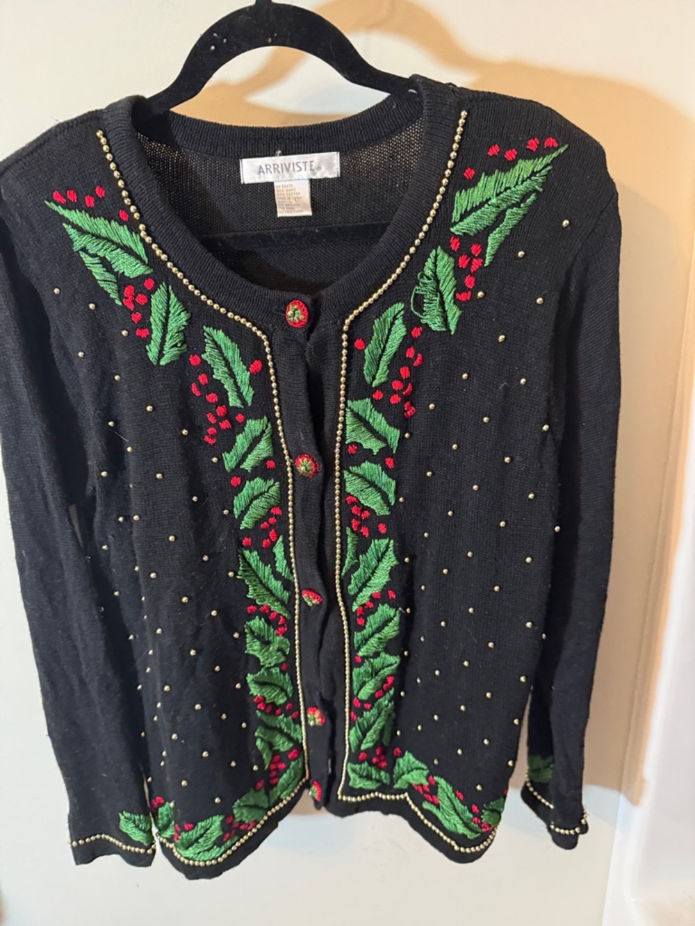 Vintage Arriviste Black Embroidered Holiday Cardigan with Bead Trim - Picture 2 of 7